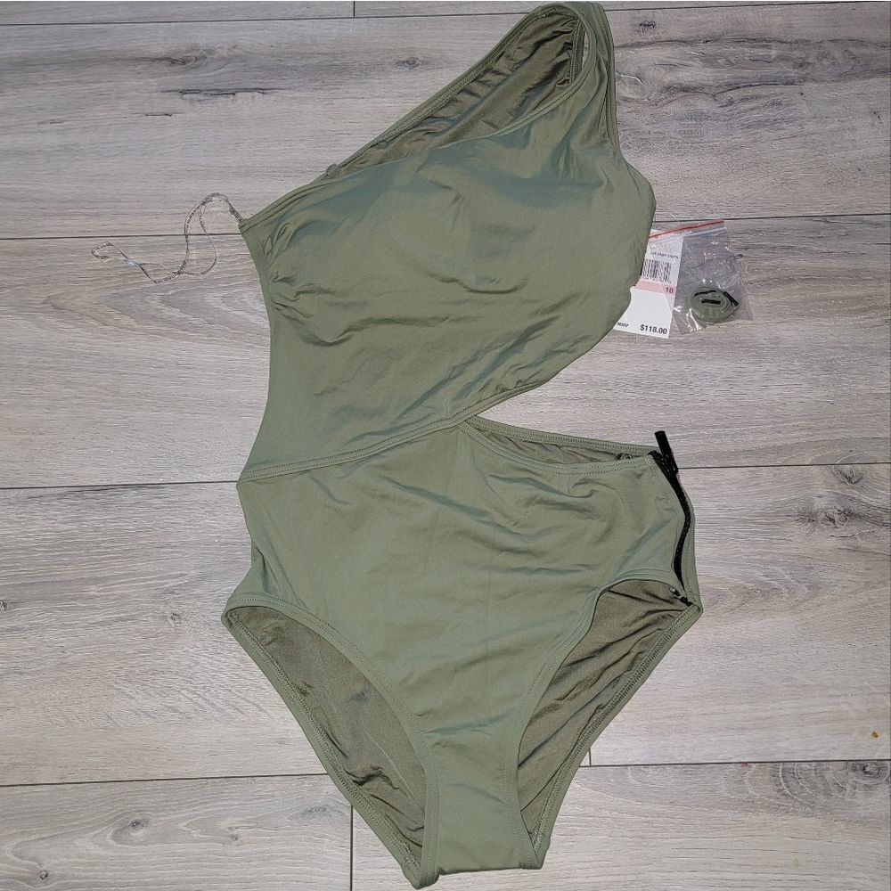 Michael Kors Women Green OneShoulder Zipper Cutout One Piece Swimsuit Su…